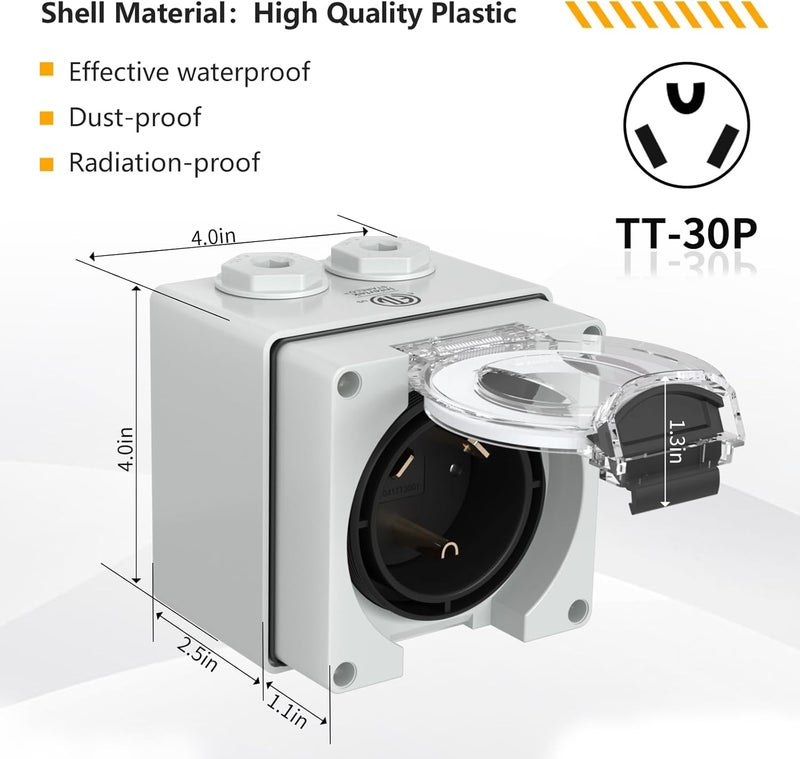 STARELO 30 Amp Generator Power Inlet Box NEMA TT-30P,125Volt, Outdoor dustproof and Weatherproof for generators, Welding Machines, etc.ETL Listed.(NEMA TT-30P Box) - Image 3